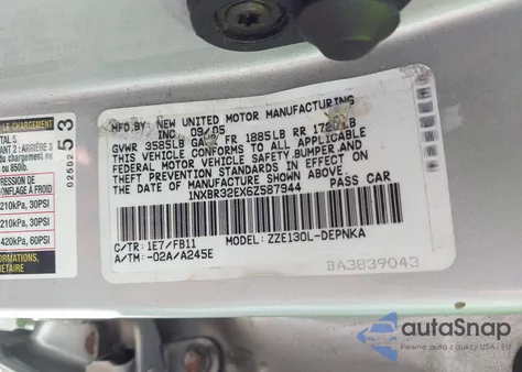 2006 Toyota Corolla Le из США, поврежденный, VIN 1NXBR32EX6Z587944